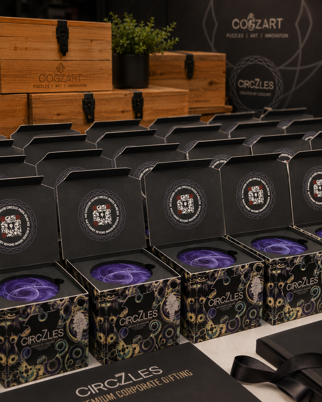 Multiple black branded gift boxes for CozZart CircZles premium corporate gift sets, arranged in rows on a table with wooden crates and a branded backdrop in the background.