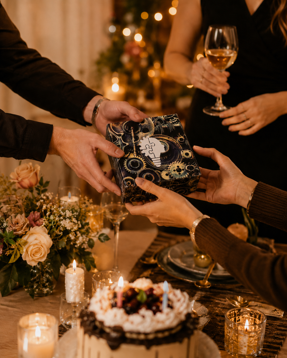 A close-up lifestyle shot of a person wrapping a gift box with a black and gold geometric patterned paper, held by multiple hands at a warmly lit dinner table with candles, flowers, and a cake.