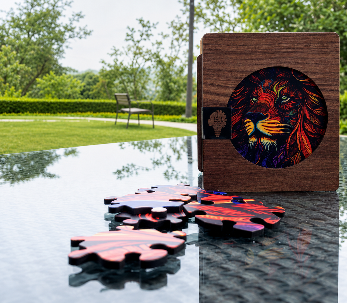 A wooden jigsaw puzzle box with a colorful lion face cutout on the front, shown on a reflective outdoor table with several puzzle pieces scattered in front. A real garden and bench are visible in the background.