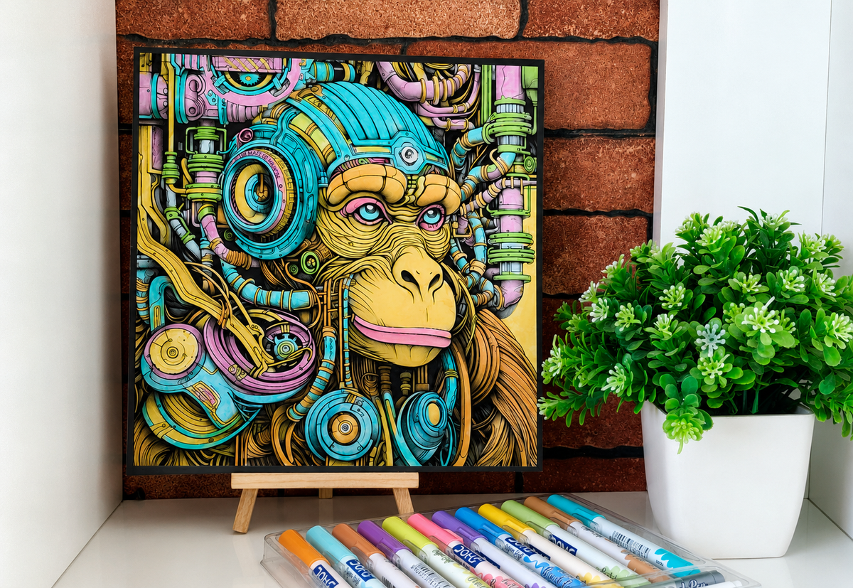 A colorful framed art print featuring a stylized monkey face with mechanical and circuit-like details, displayed on a small easel against a brick-pattern backdrop. A potted green plant and a row of colored markers sit on the shelf beside it.