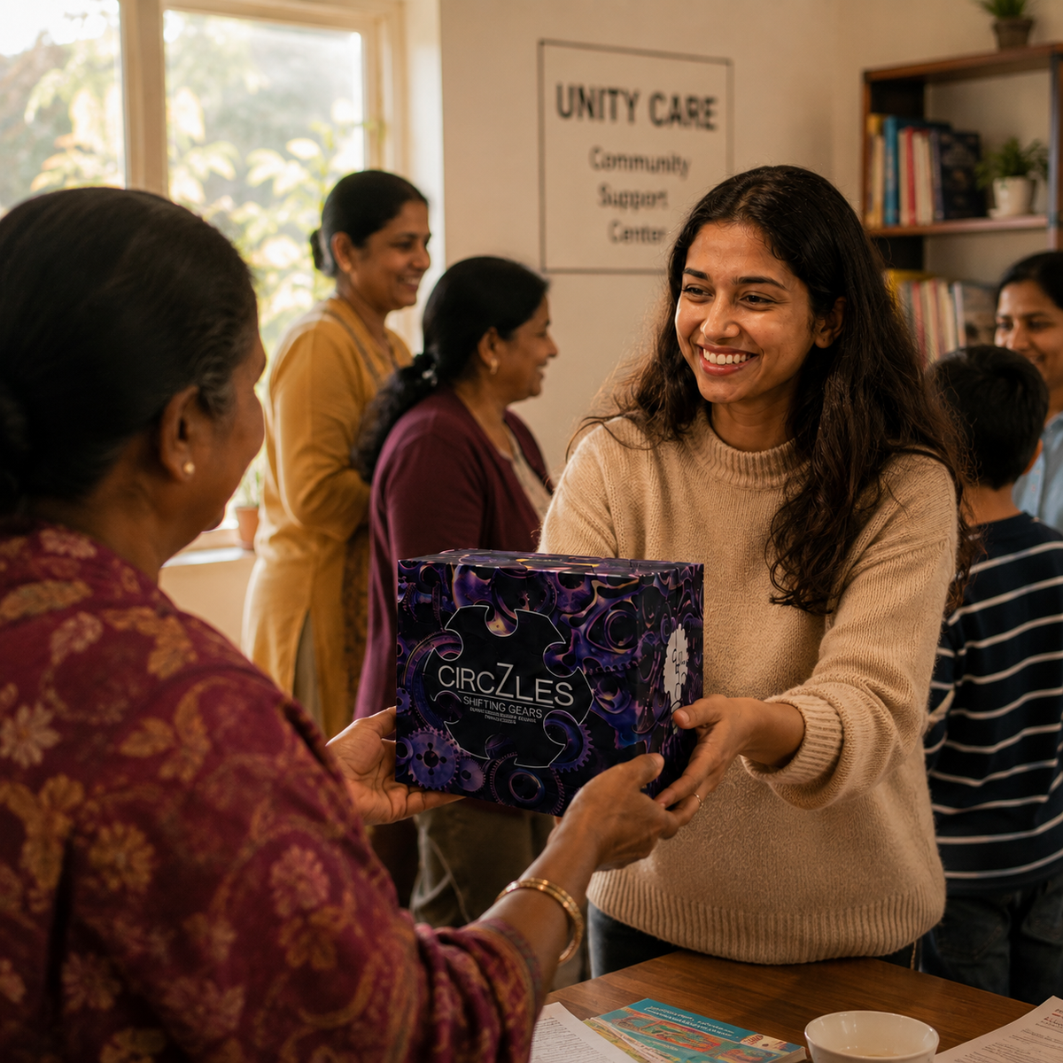 Hand holding two cardboard boxes, symbolizing CogZart’s puzzle sharing initiative for community and sustainability