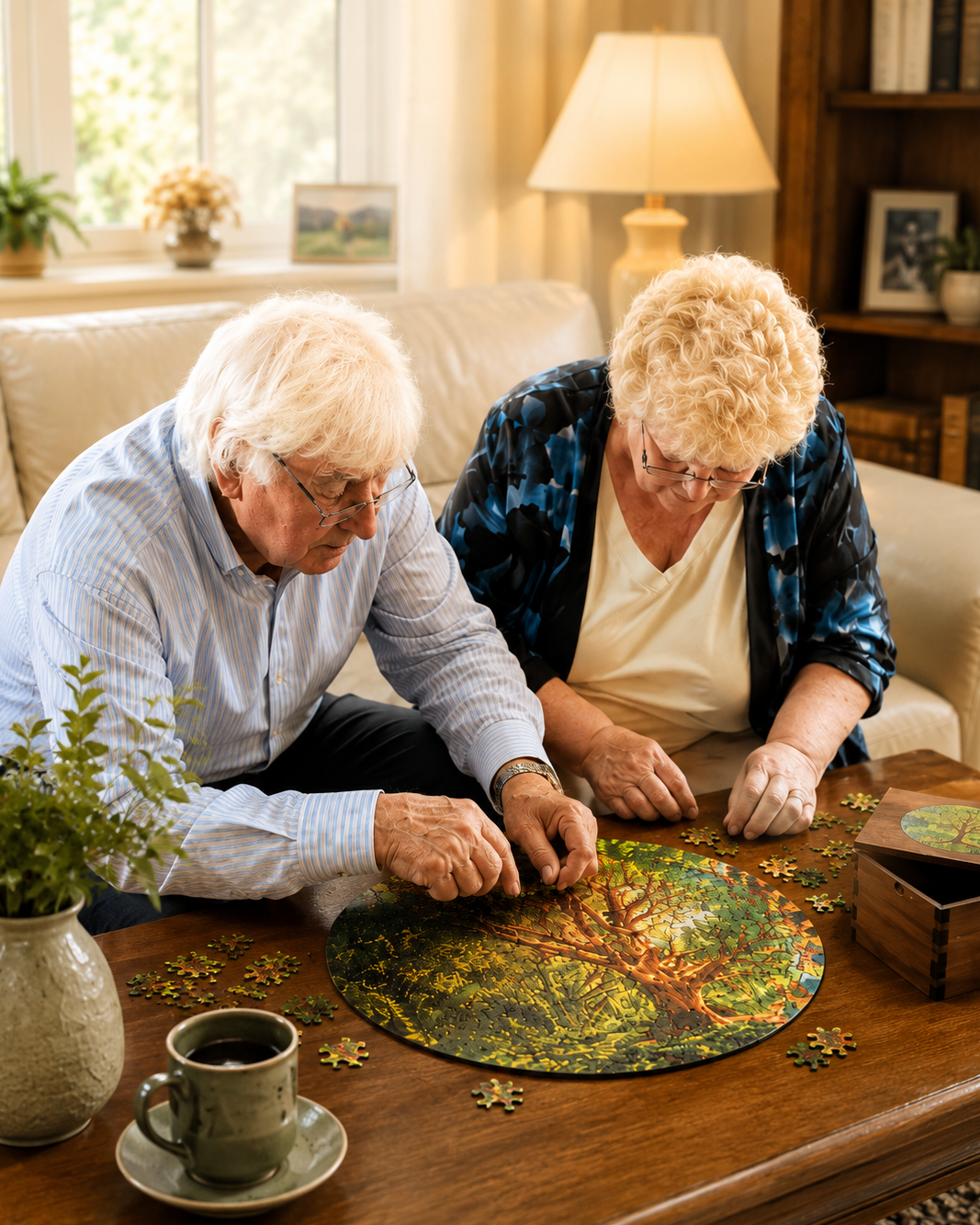 Two elderly people sitting together on a sofa in a cozy living room, assembling a large circular jigsaw puzzle on a wooden coffee table. The puzzle depicts a colorful autumn tree with green, yellow, and red leaves.