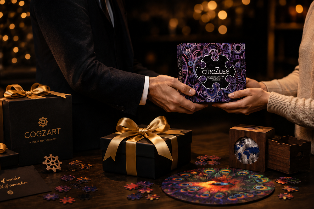 A person in a black suit hands a purple patterned puzzle box to another person at a wooden table. Several Cogzart branded black gift boxes with gold ribbons and scattered puzzle pieces are arranged on the table, with a warm, blurred holiday background.