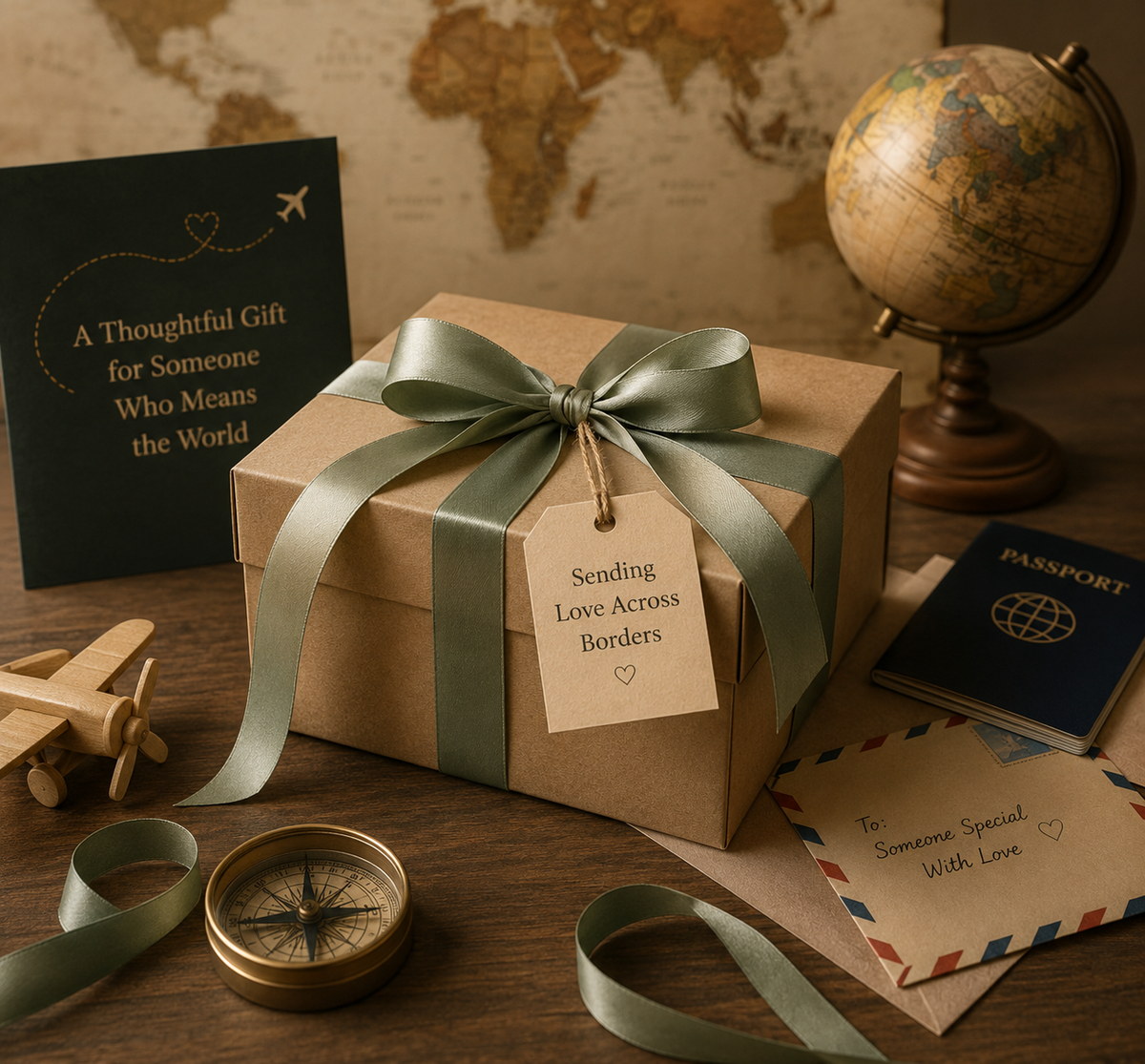 A kraft paper gift box tied with a wide sage green ribbon and a hanging tag reading 'Sending Love Across Borders,' styled on a wooden surface with a globe, passport, envelope, compass, and small airplane props.