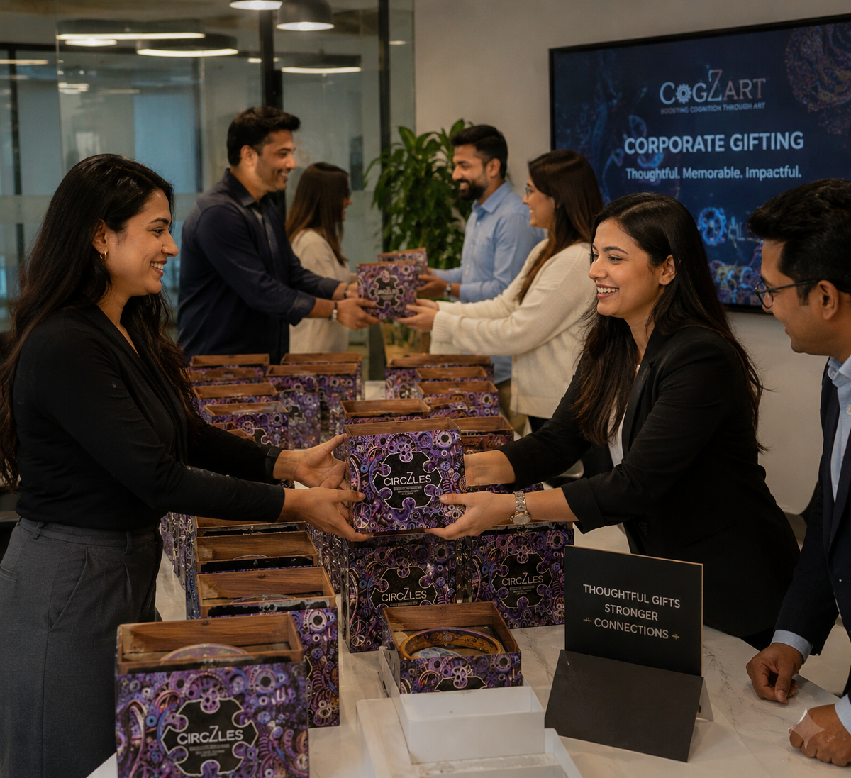 Employees at CogZart exchange gift boxes in an office setting. Multiple branded gift boxes with purple floral patterns are arranged on a table, and people are smiling as they hand over the boxes.