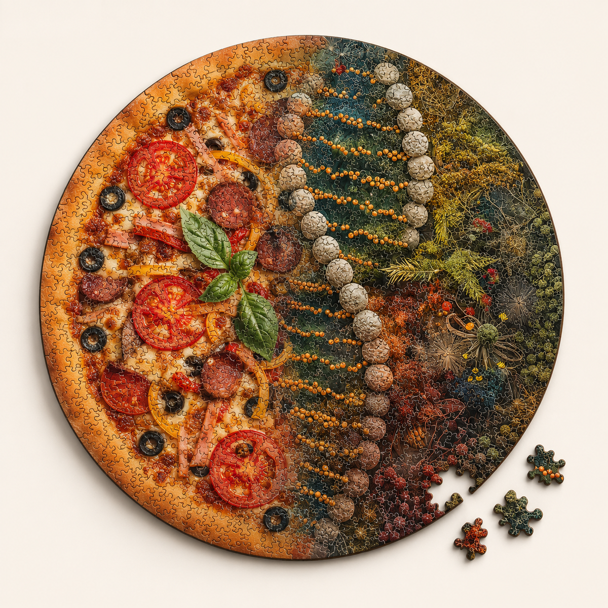 A circular jigsaw puzzle featuring a split design: one half shows a pizza with tomatoes, sausage, olives, and basil, and the other half shows a forest scene with trees and mossy textures. Several loose puzzle pieces are placed beside the round puzzle on a light beige background.