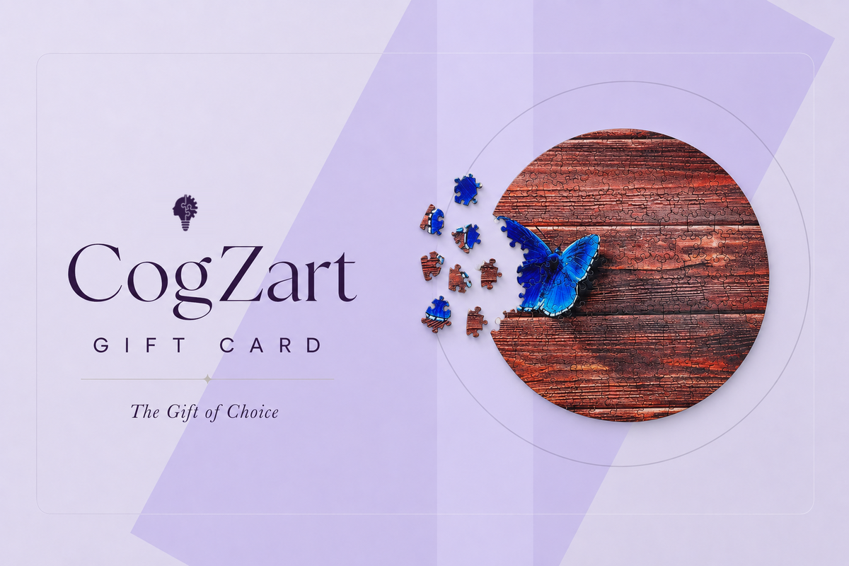 A CogZart gift card design with the text 'CogZart GIFT CARD' and 'The Gift of Choice' on a pale lavender background, alongside a round wooden texture and blue butterfly/jewelry-like decorative elements.