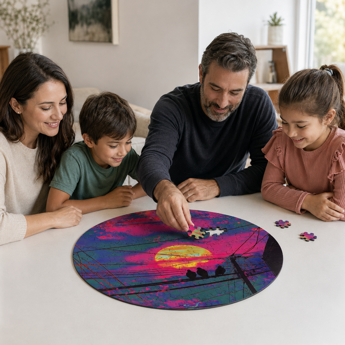 A family of four is gathered around a table, working on a large circular jigsaw puzzle featuring a colorful sunset sky with purple, pink, and yellow hues.