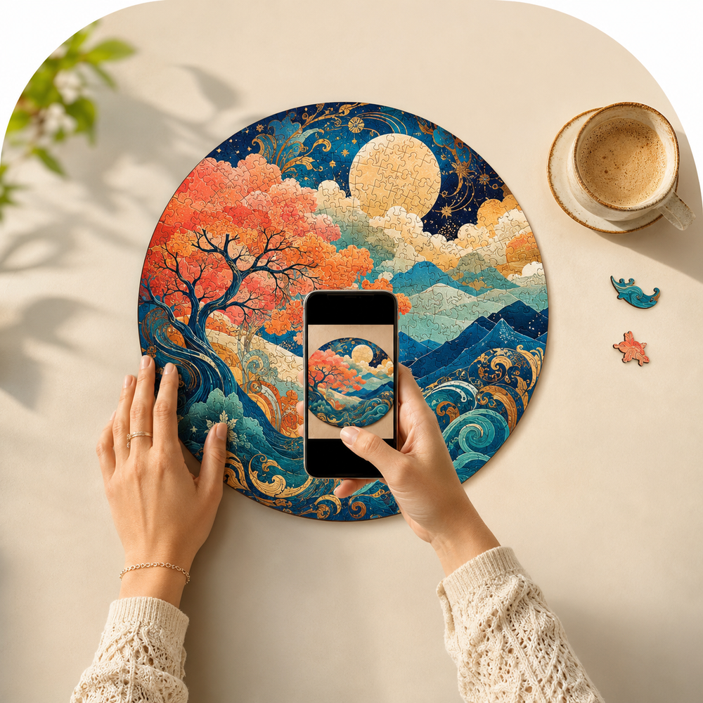 A top-down view of a round decorative placemat with a colorful artistic landscape print, styled on a beige table with a cup of coffee, a phone showing the printed design, and two small star-shaped accessories.