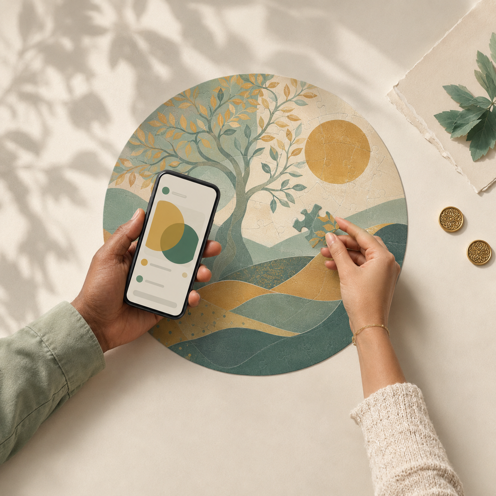 A top-down view of a round decorative placemat with a stylized tree, waves, and a gold sun, styled on a cream tabletop with a phone in one hand and a puzzle piece in the other. A small card and coins are nearby.